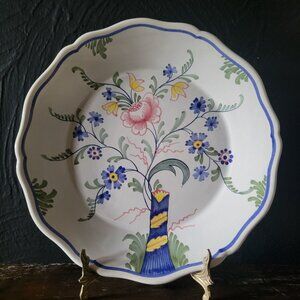 Vtg French Faience Hand Painted Floral Decorative Plate Scalloped Edge Wall Art